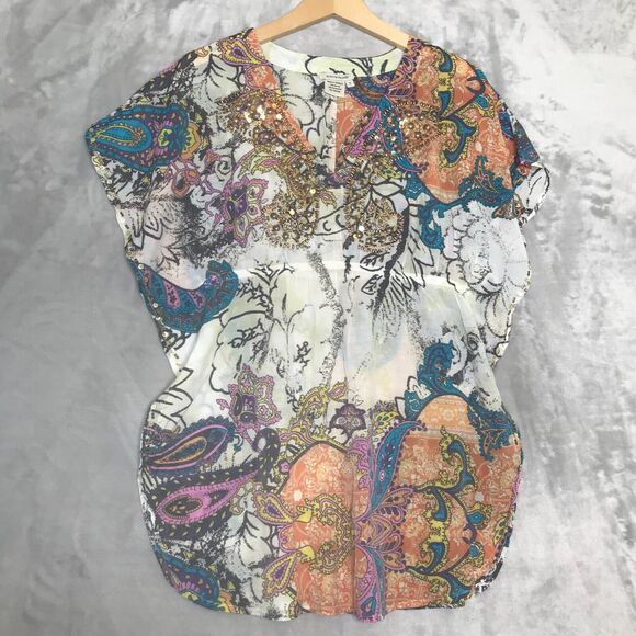 Boston Proper Top Womens Small Paisley Print Beaded Sequin Cap Sleeve V Neck - Picture 1 of 9